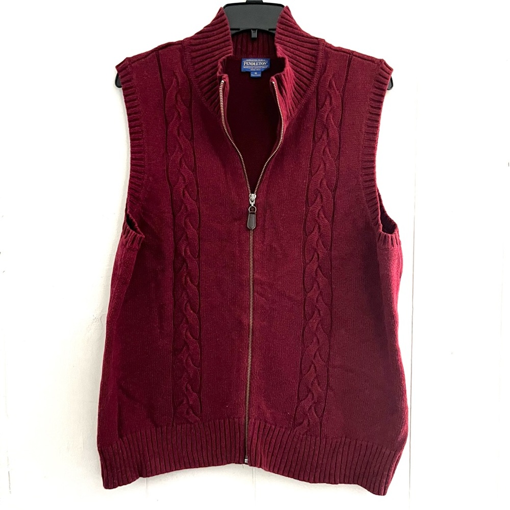 Pendleton Woolen Mills Full Zip Cable-Knit Cotton Sweater Vest Burgundy Men’s XL